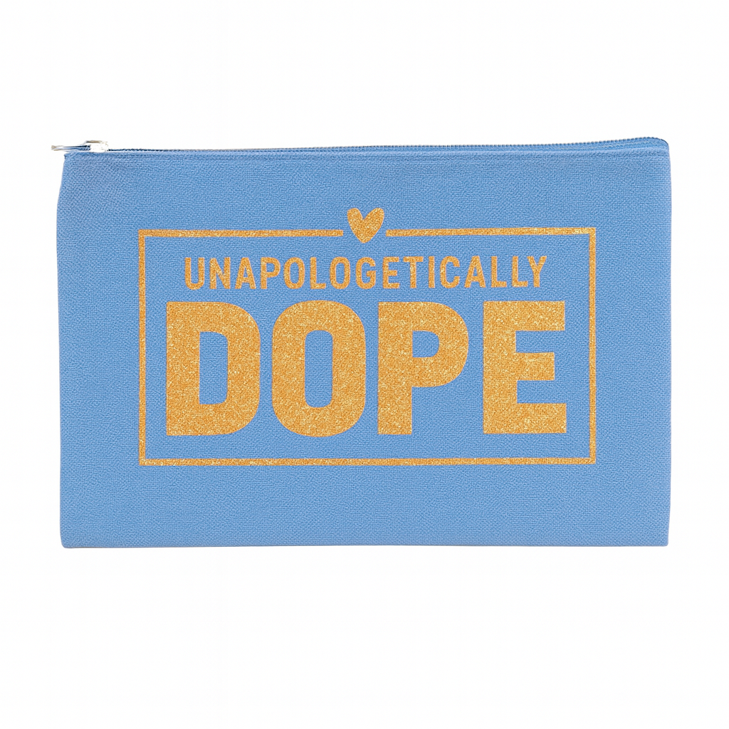Blue pouch with gold text 'UNAPOLOGETICALLY DOPE' on a white background