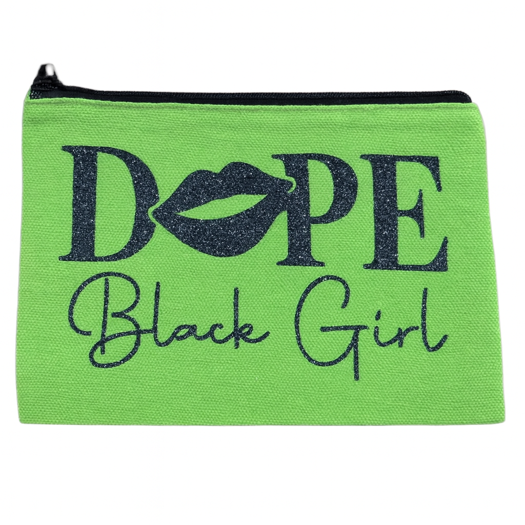 Green pouch with 'Dope Black Girl' text and black lips graphic on background