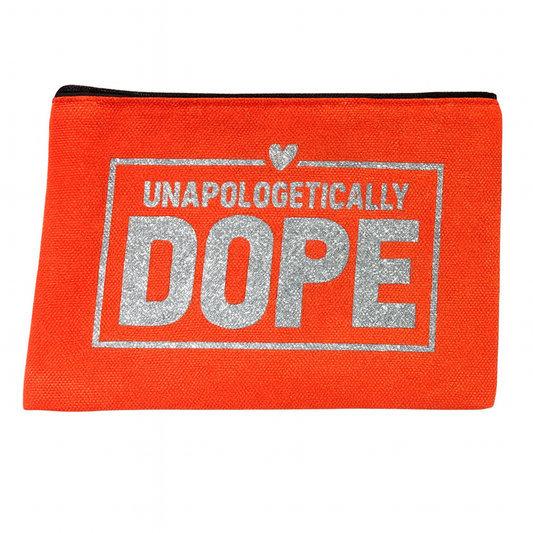 Orange pouch with 'Unapologetically Dope' text on a white background