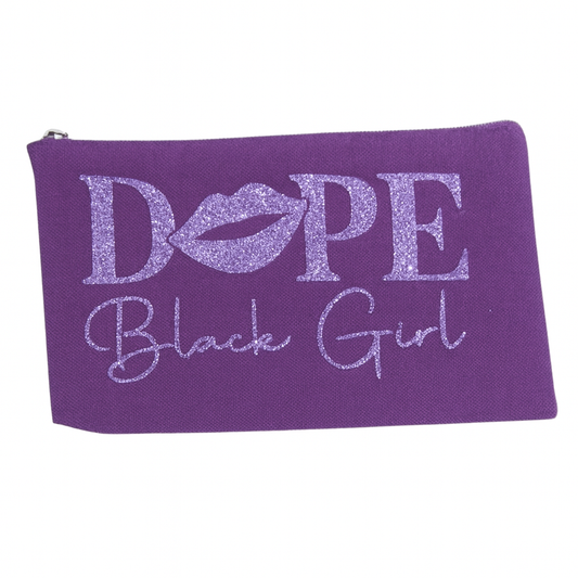 Purple pouch with 'Dope Black Girl' text and lip design on background