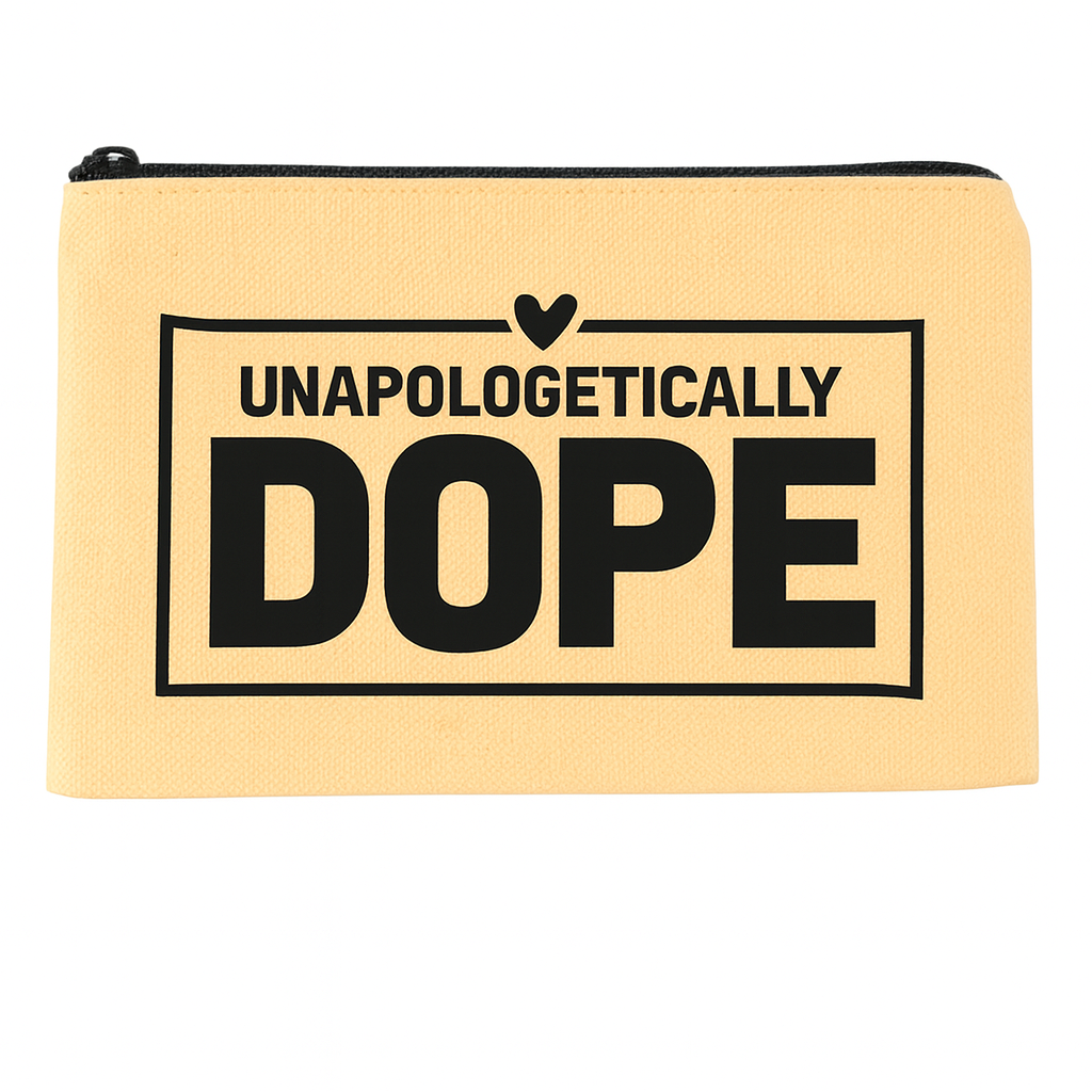 Beige pouch with 'UNAPOLOGETICALLY DOPE' text on a background