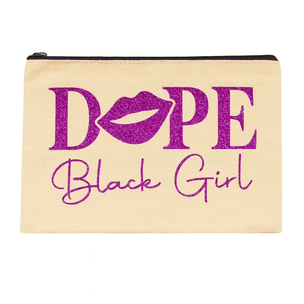 Beige pouch with purple text 'Dope Black Girl' on background