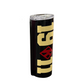 Black tumbler with gold and red text on a white background