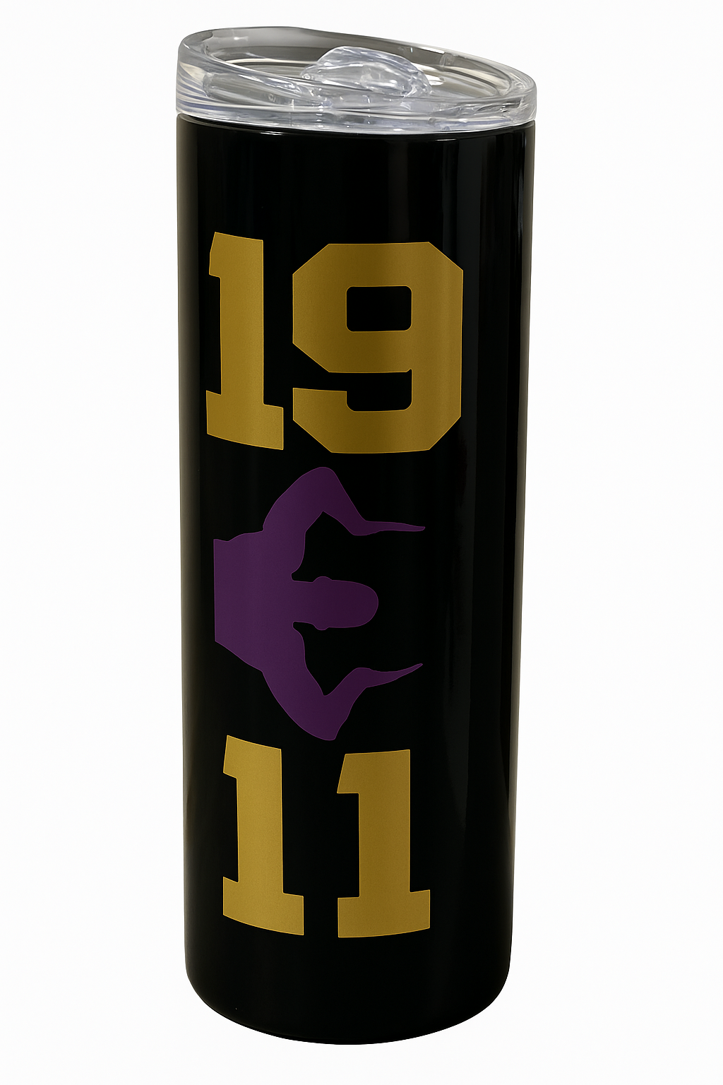 Black tumbler with gold number '1911' and purple silhouette of a person in a dynamic pose.