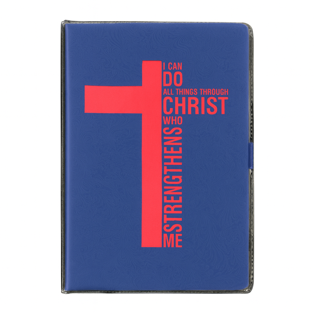Blue notebook with a red cross and motivational quote on a white background