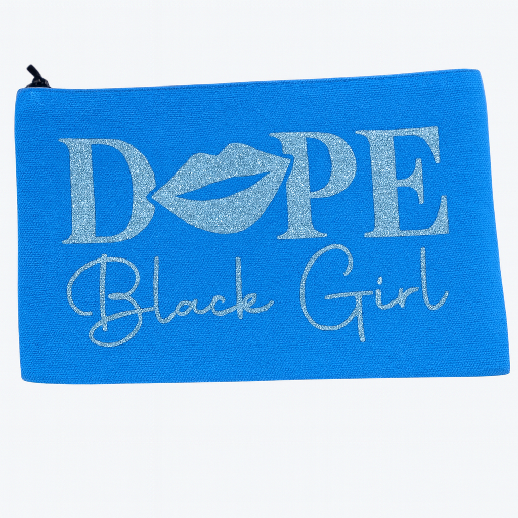 Blue pouch with 'Dope Black Girl' text and a lip graphic on background