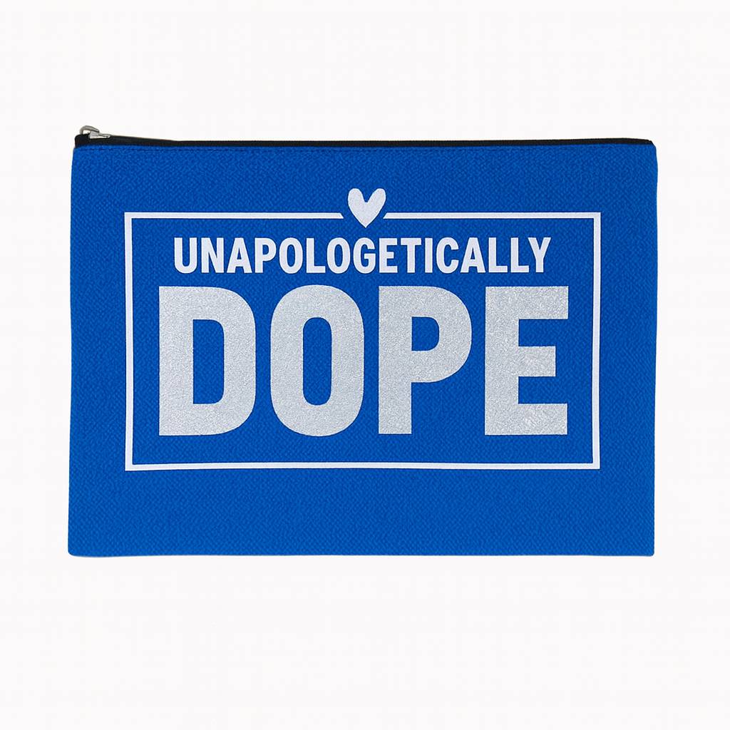 Blue pouch with 'UNAPOLOGETICALLY DOPE' text on a white background