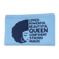 Blue pouch with black silhouette of a woman and empowering text on a white background