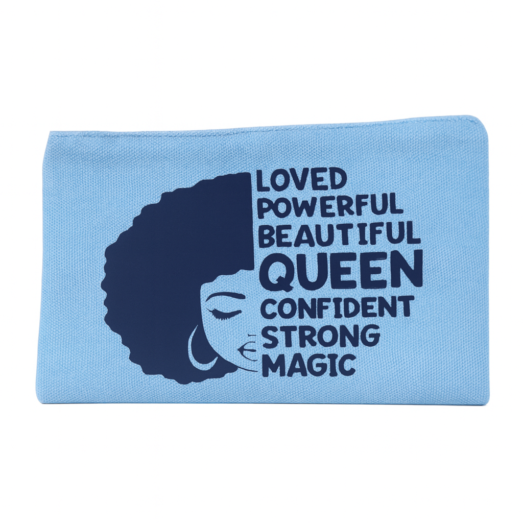 Blue pouch with black silhouette of a woman and empowering text on a white background