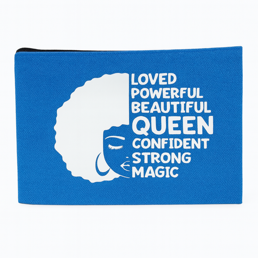 Blue pouch with white text and face design on a white background