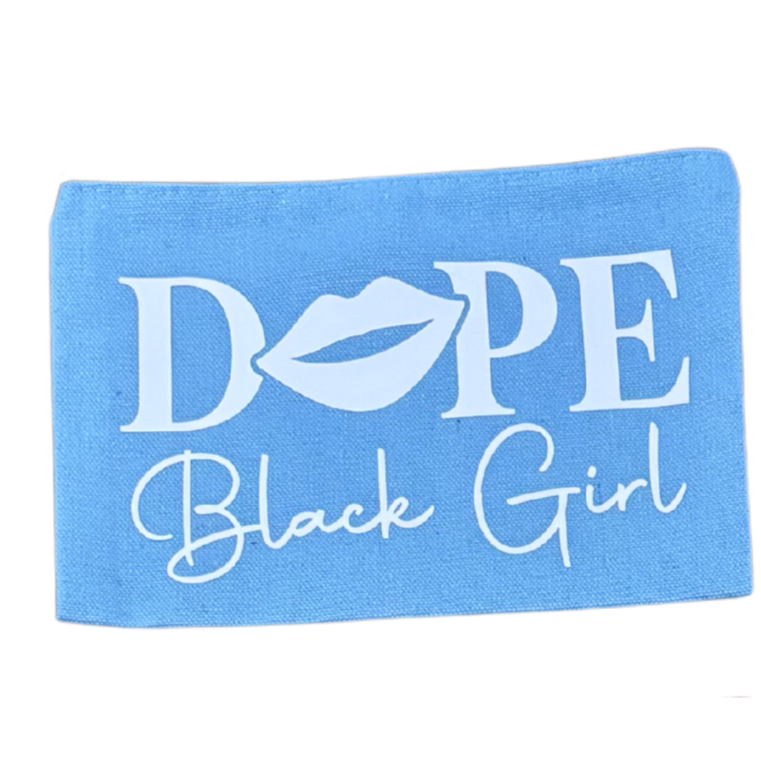 Blue towel with 'Dope Black Girl' text and a lip graphic on a white background