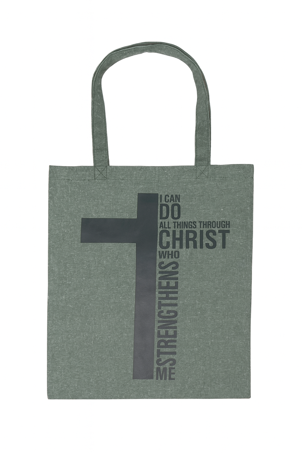Green tote bag with a cross and motivational quote on a white background