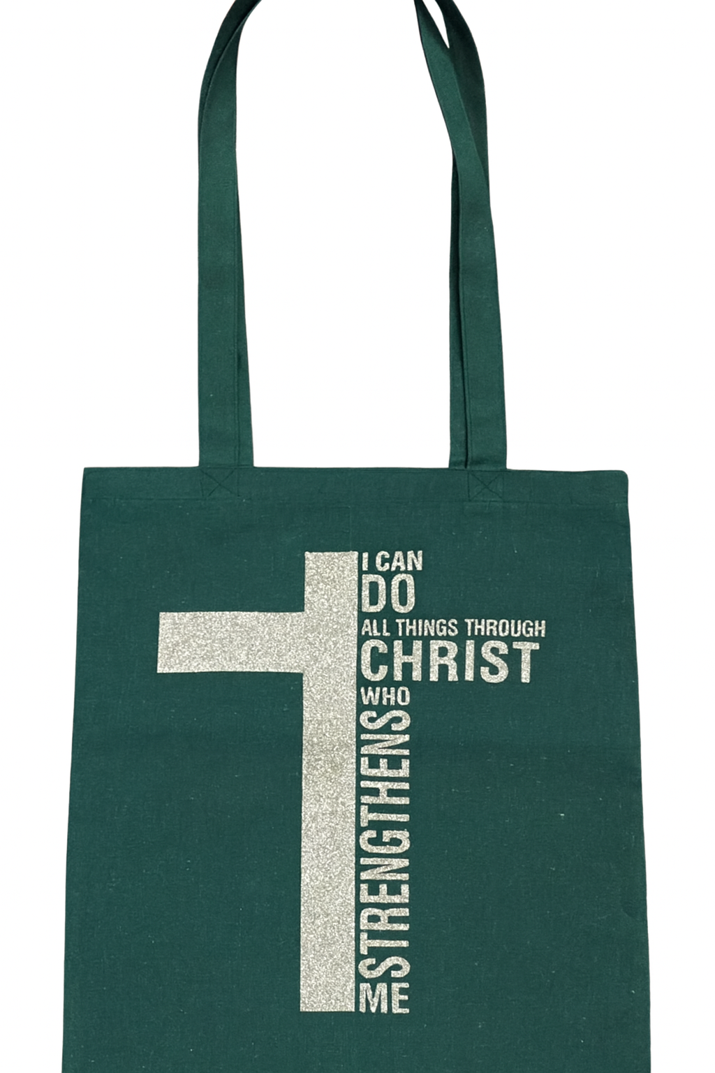 Green tote bag with a cross design and motivational quote on a white background