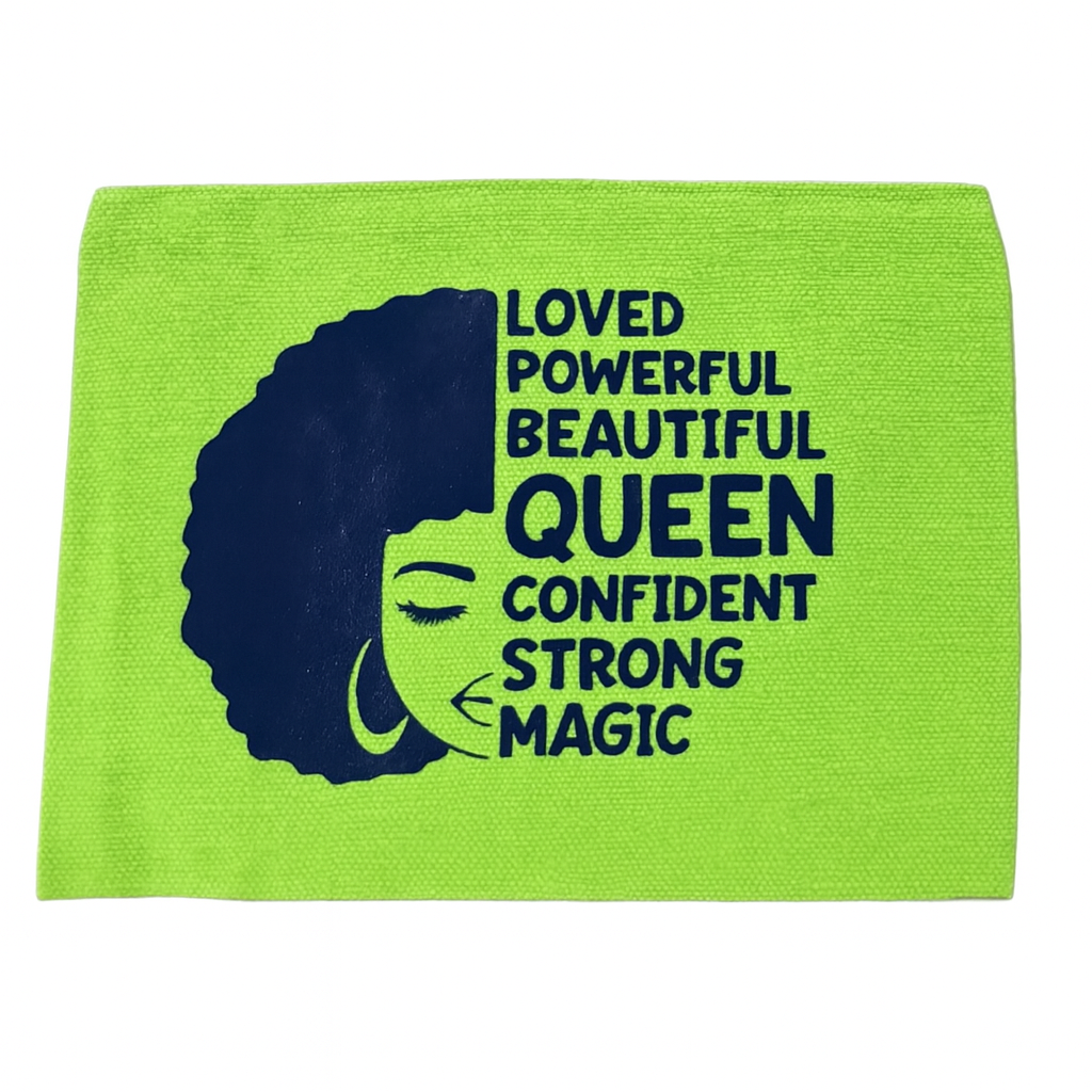 Green towel with black silhouette of a woman and empowering text on a white background
