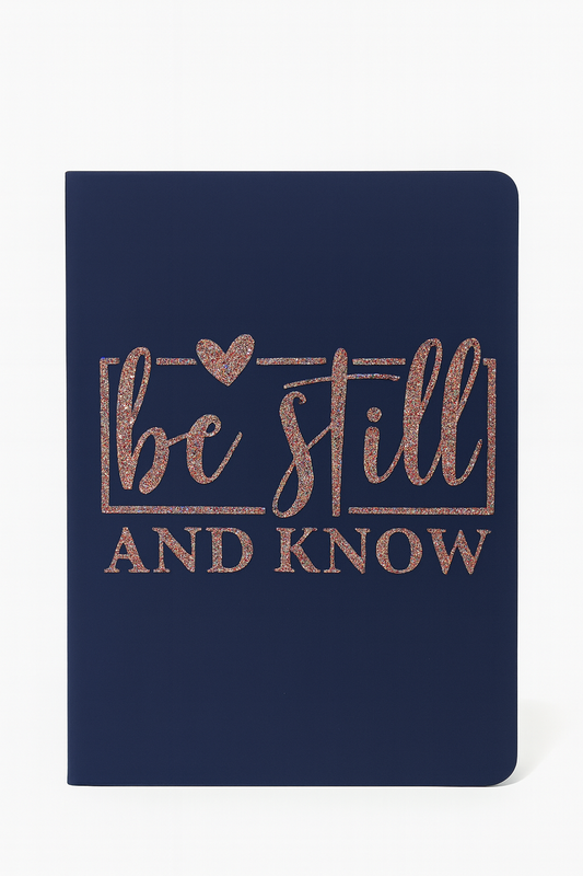 Navy blue notebook with 'be still and know' text in rose gold on a white background