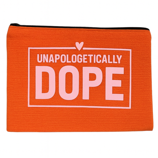 Orange pouch with 'Unapologetically Dope' text on a white background