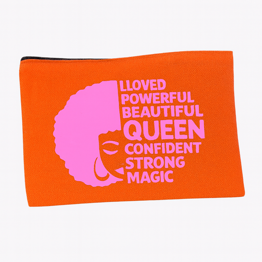 Orange pouch with pink afro icon and empowering text on a white background