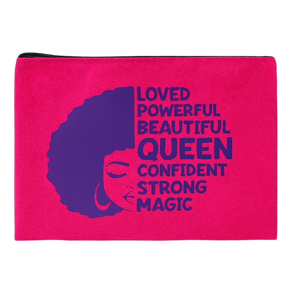 Pink pouch with purple silhouette of a woman's face and motivational text on a white background