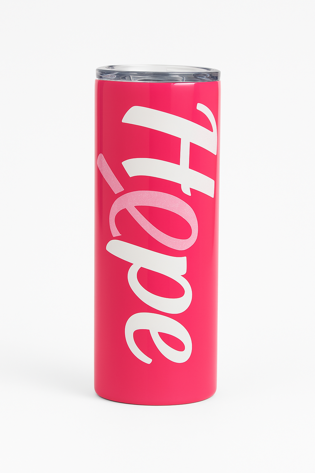 Pink tumbler with 'Hope' written on it against a white background