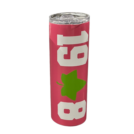 Pink tumbler with white text and a green leaf on a white background