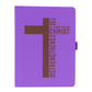 Purple notebook with a cross design and motivational quote on a white background