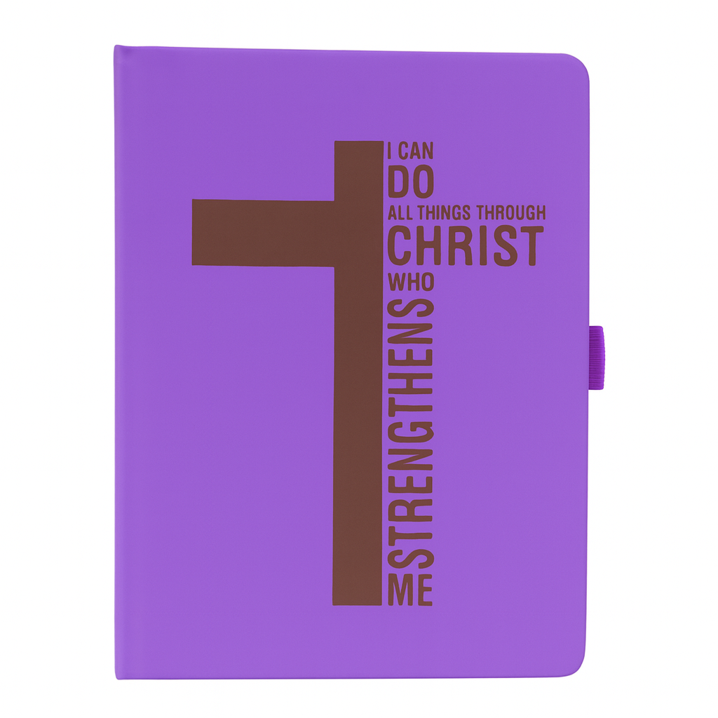 Purple notebook with a cross design and motivational quote on a white background
