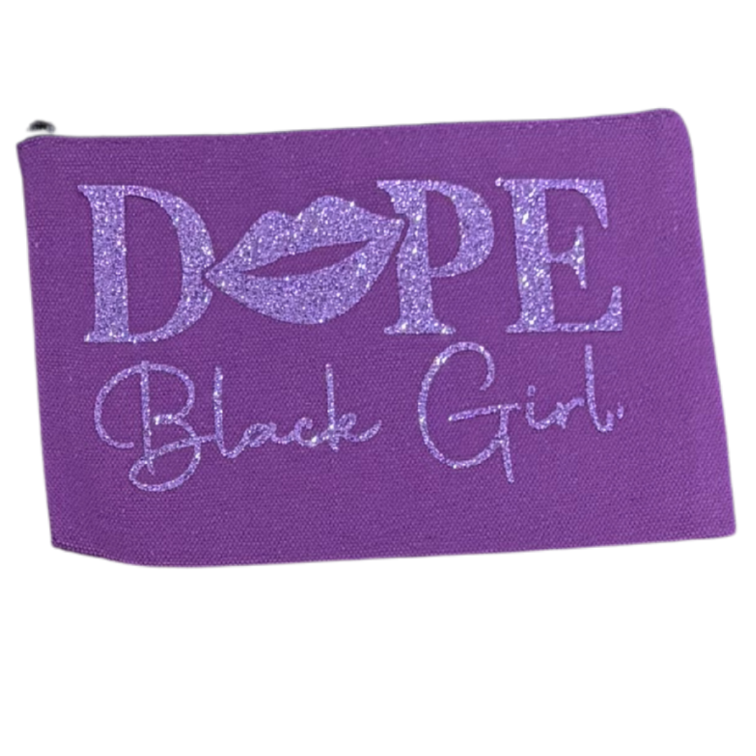 Purple pouch with 'Dope Black Girl' text and lips design on a white background