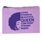 Purple pouch with a silhouette of a woman's face and empowering text on a white background