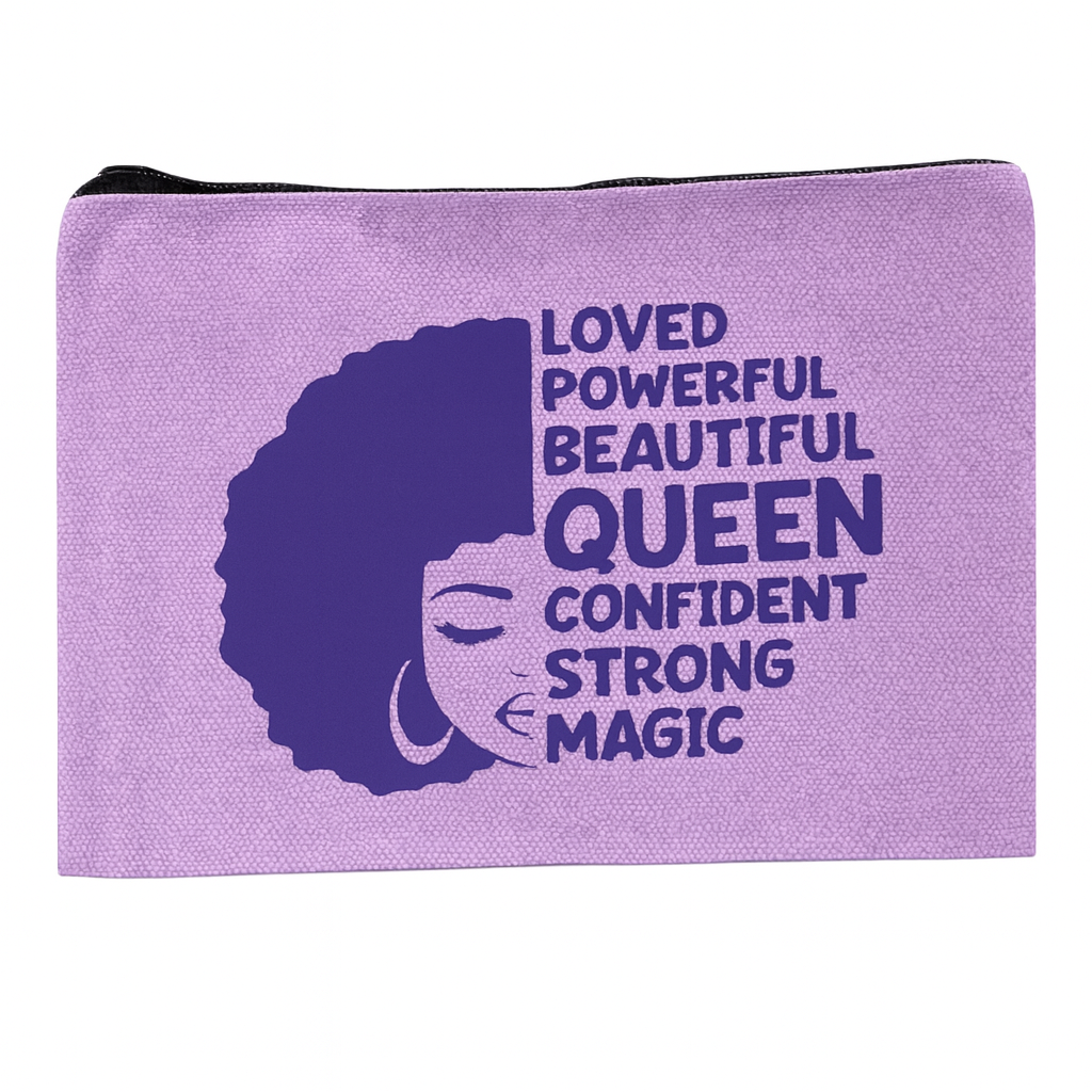 Purple pouch with a silhouette of a woman's face and empowering text on a white background