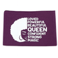 Purple pouch with white text and graphic of a woman's face on a white background