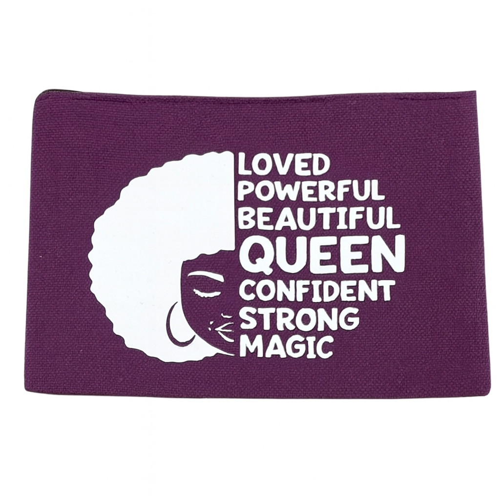 Purple pouch with white text and graphic of a woman's face on a white background