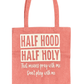Red tote bag with white text on a white background