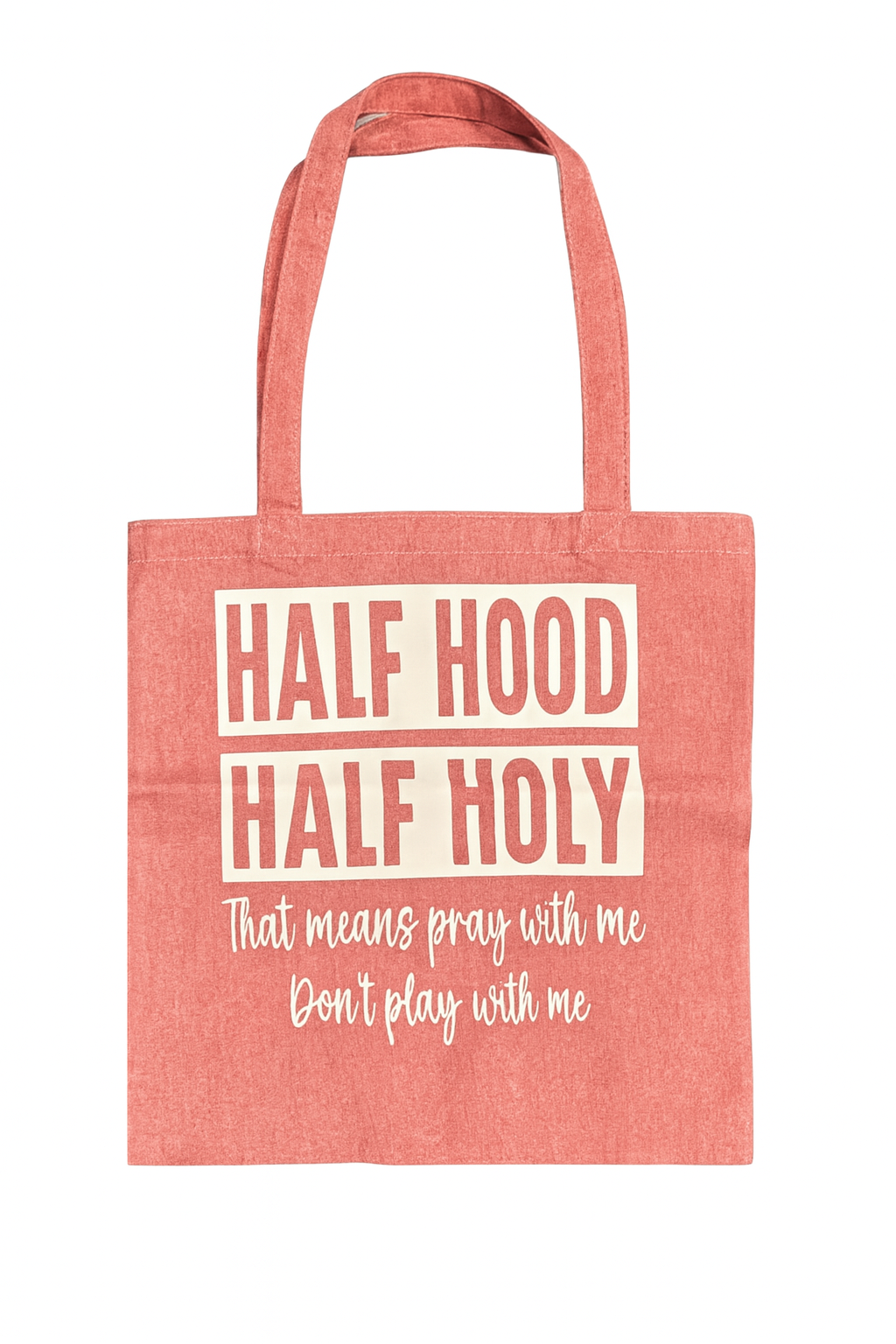 Red tote bag with white text on a white background