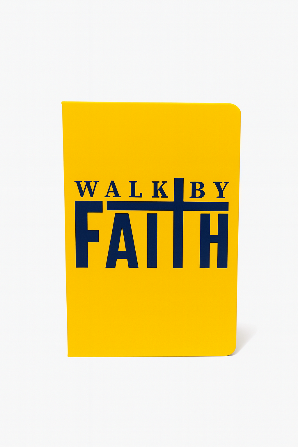 Yellow notebook with 'Walk by Faith' text on a white background