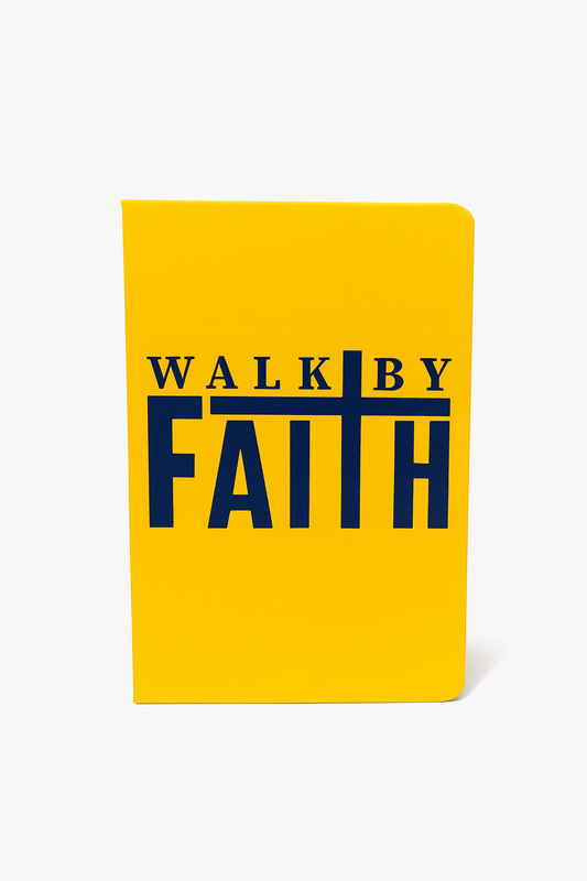 Yellow notebook with 'Walk by Faith' text on a white background