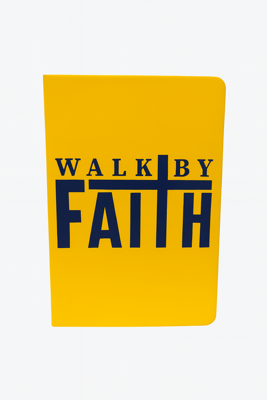 Yellow notebook with 'Walk by Faith' text on a white background
