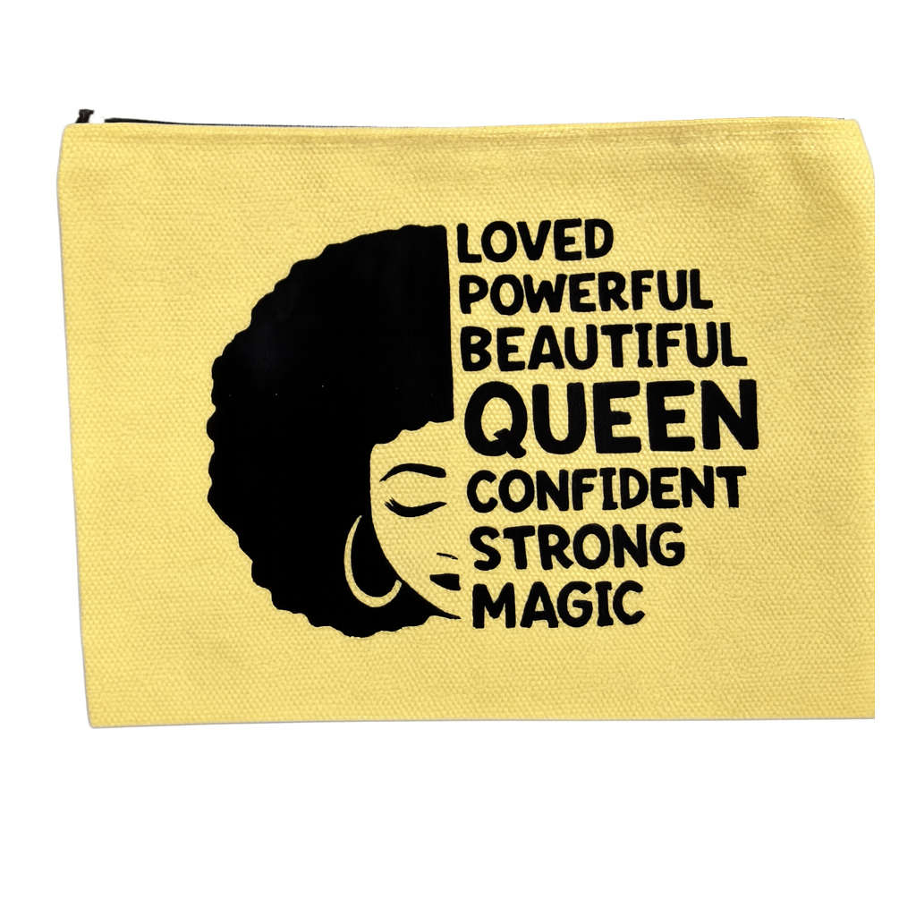 Yellow pouch with black text and silhouette of a woman on a white background